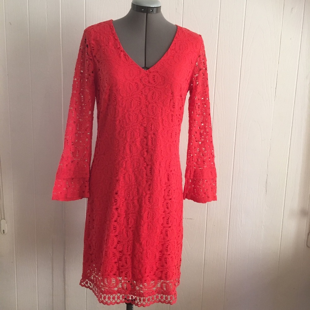 Laundry orange pink long sleeve lace dress